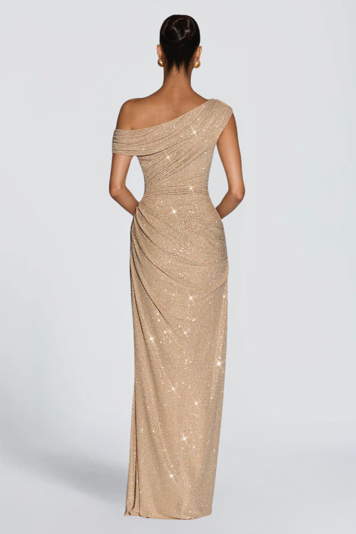 Oriana Satin Maxi Dress in Gold front view - Maeve &amp; Erin Dublin