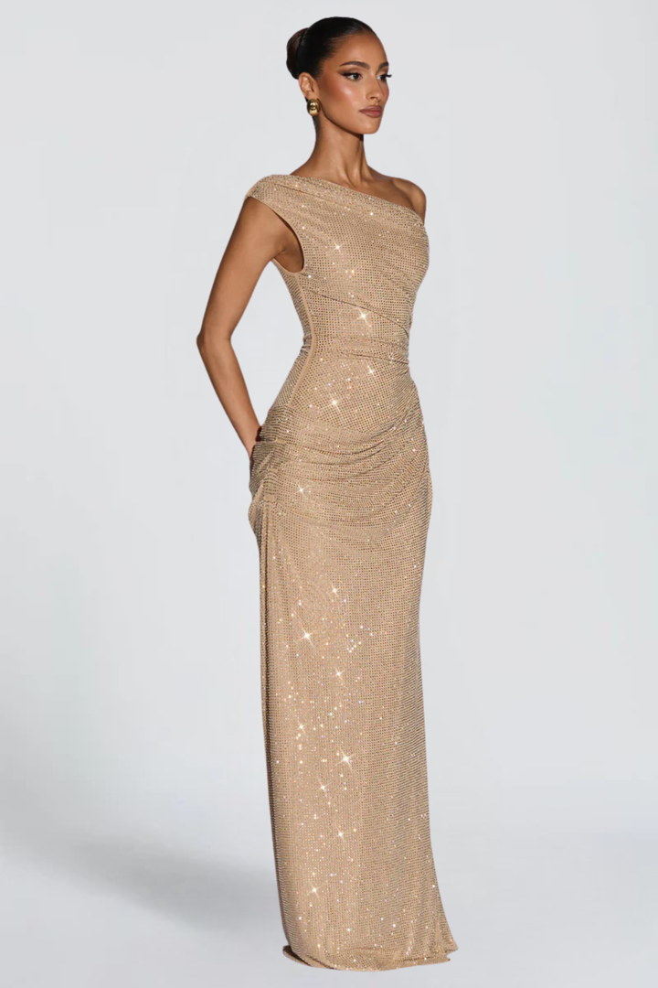 Oriana Satin Maxi Dress in Gold full length - Maeve &amp; Erin Dublin