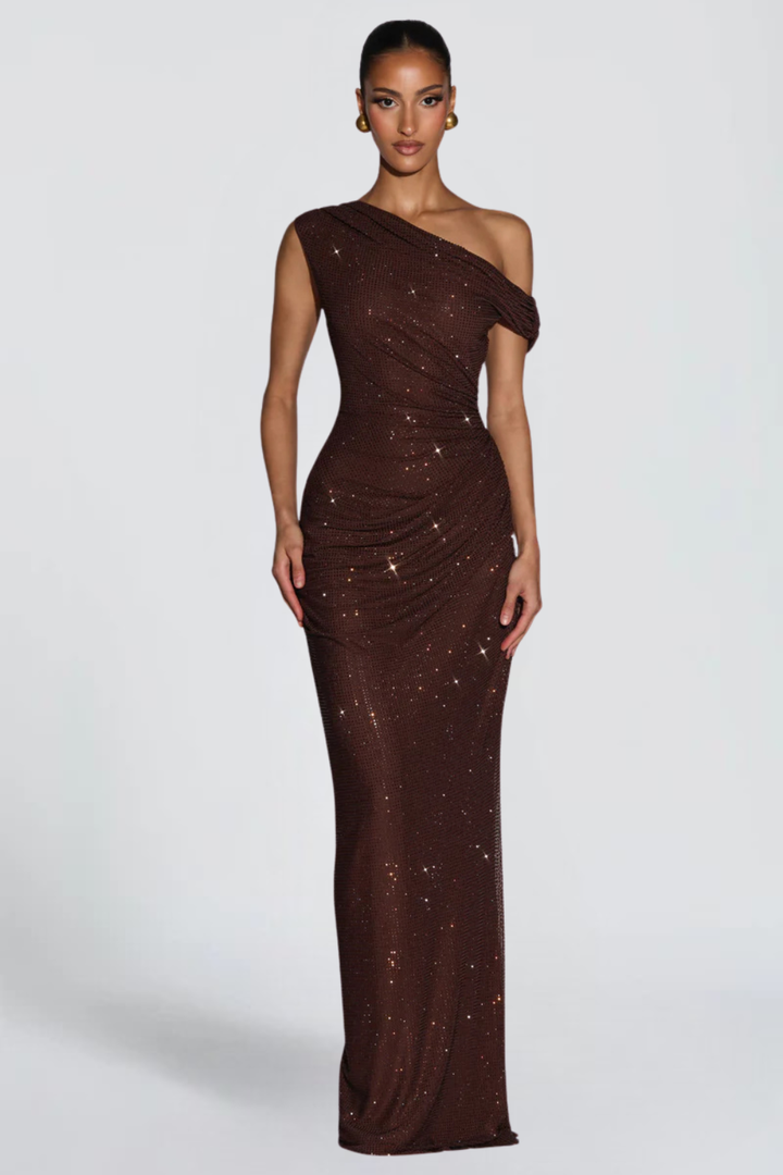 Oriana Satin Maxi Dress in Brown - Maeve &amp; Erin Dublin