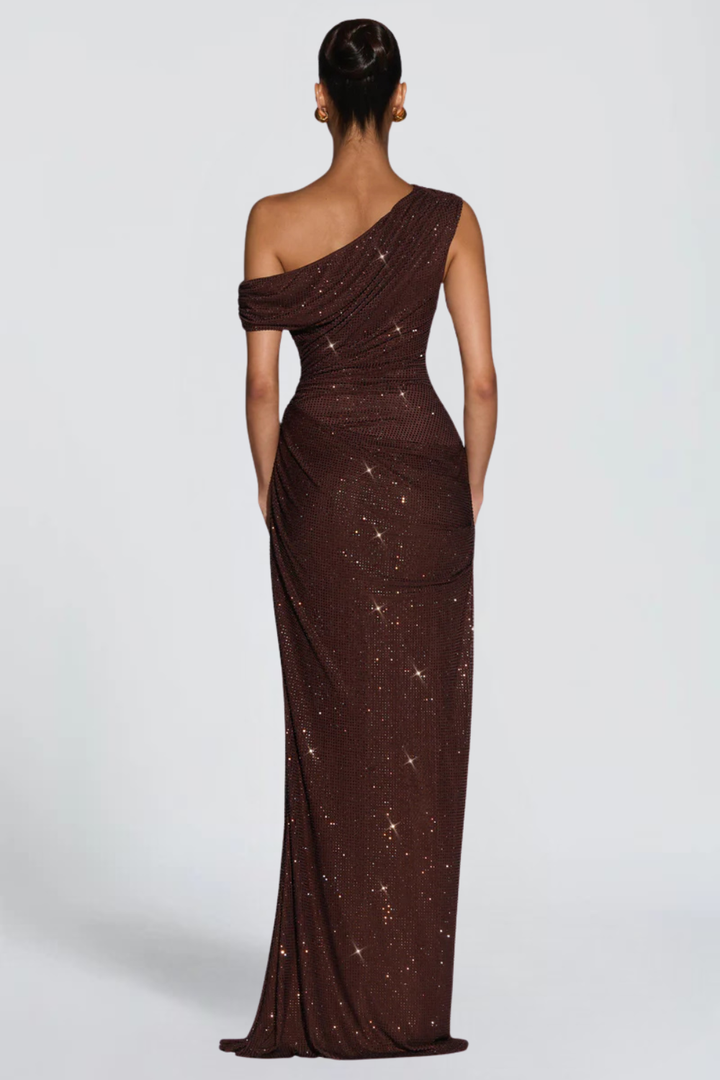 Oriana Satin Maxi Dress in Brown front view - Maeve &amp; Erin Dublin
