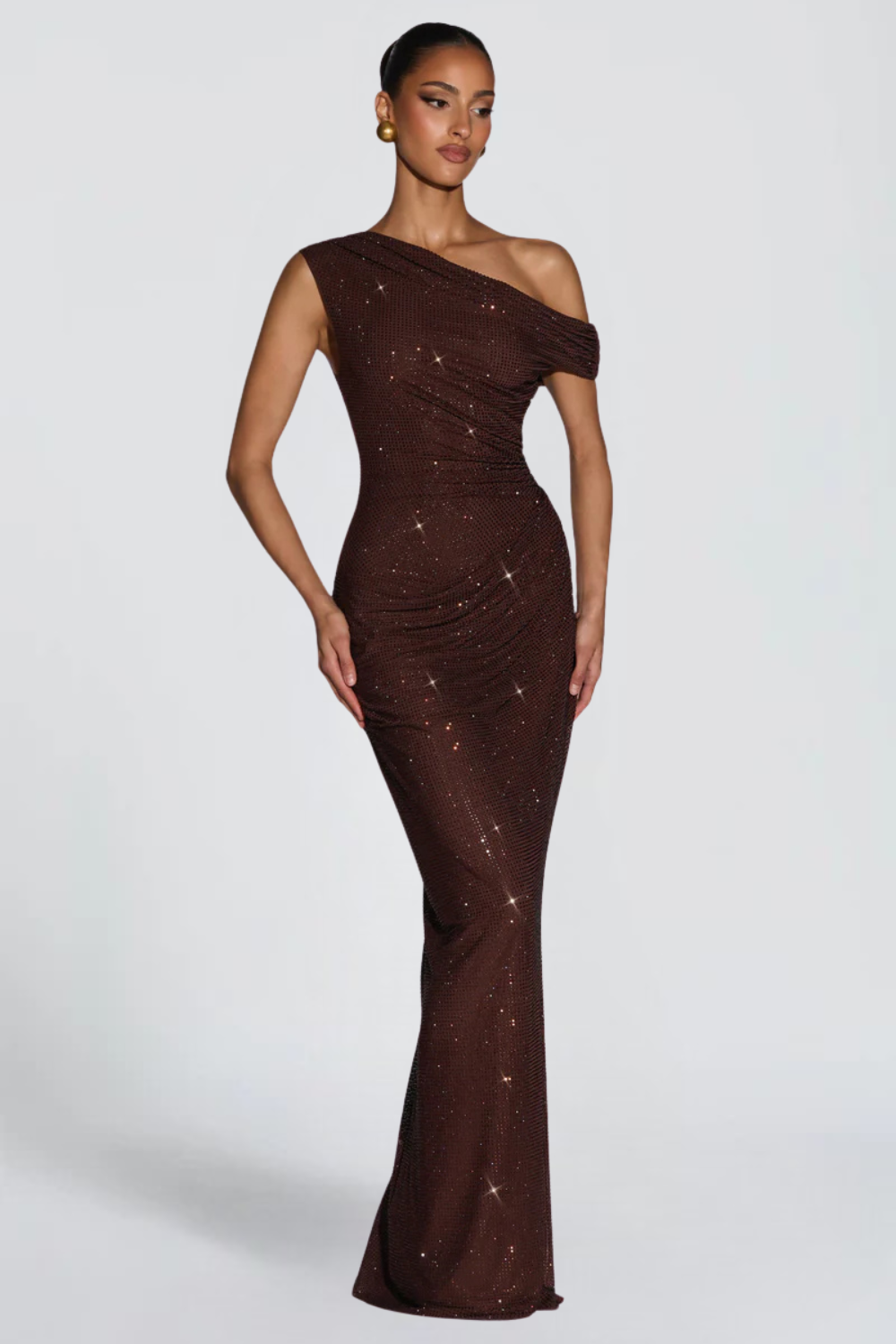 Oriana Satin Maxi Dress in Brown detail - Maeve &amp; Erin Dublin