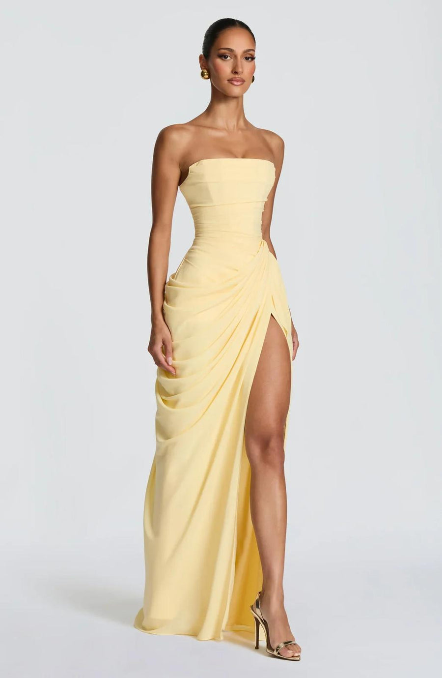 Aurelia Draped Maxi Dress in Yellow front view - Maeve & Erin Dublin
