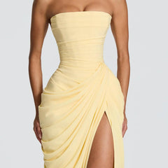 Aurelia Draped Maxi Dress in Yellow side detail - Maeve & Erin Dublin