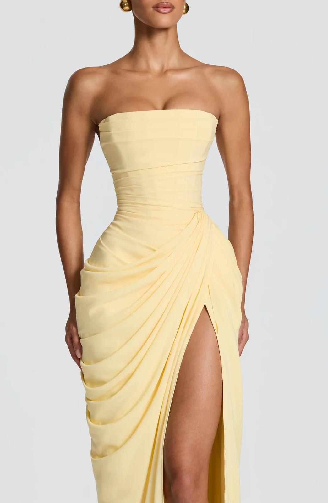Aurelia Draped Maxi Dress in Yellow side detail - Maeve & Erin Dublin