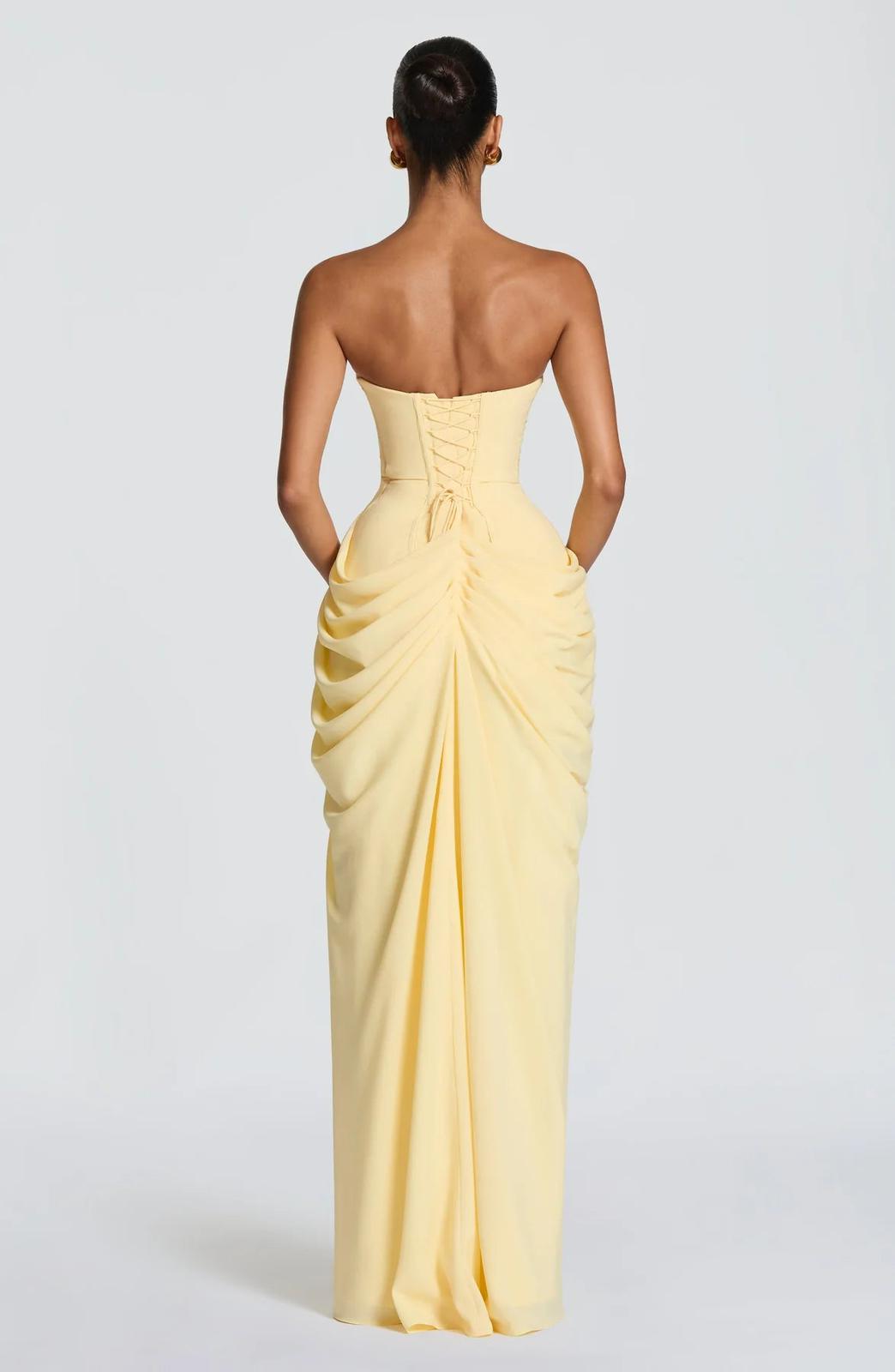 Aurelia Draped Maxi Dress in Yellow full length - Maeve & Erin Dublin