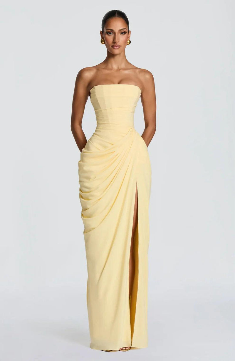 Aurelia Draped Maxi Dress in Yellow - Maeve & Erin Dublin