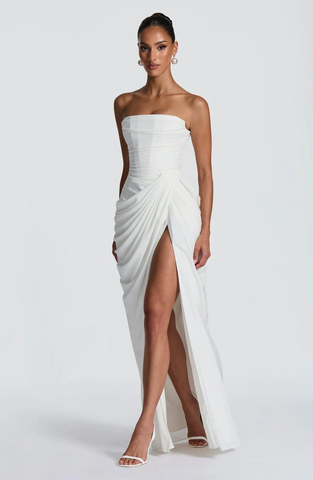 Aurelia Draped Maxi Dress in White full length - Maeve & Erin Dublin