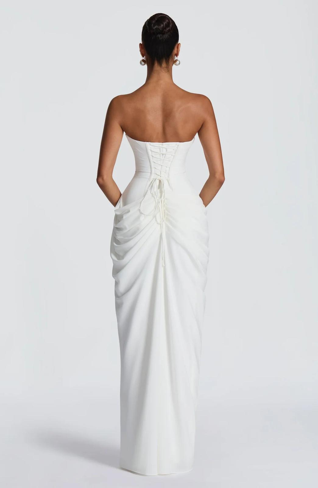 Aurelia Draped Maxi Dress in White side detail - Maeve & Erin Dublin