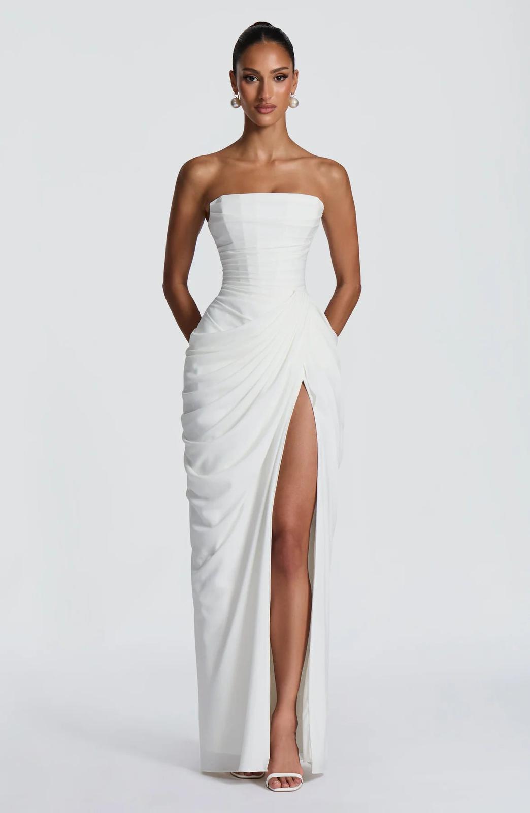 Aurelia Draped Maxi Dress in White - Maeve & Erin Dublin