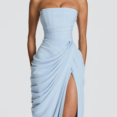 Aurelia Draped Maxi Dress in Light Blue side detail - Maeve & Erin Dublin