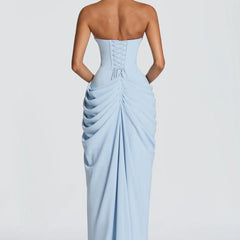Aurelia Draped Maxi Dress in Light Blue front view - Maeve & Erin Dublin