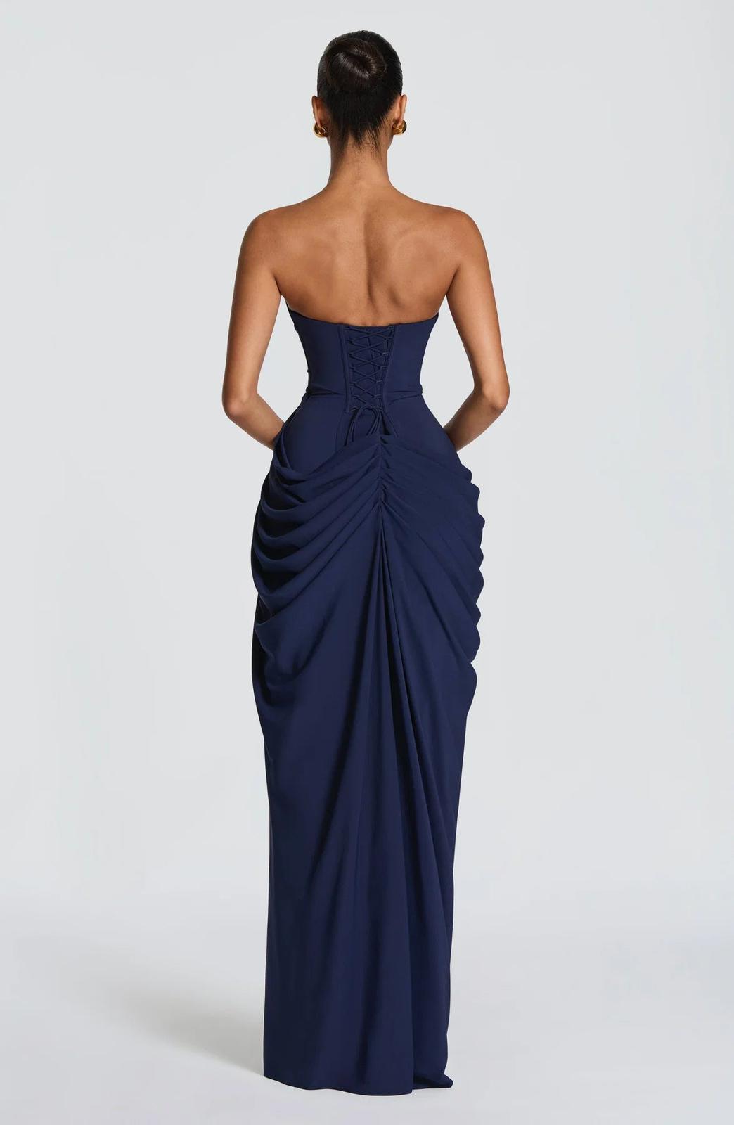 Aurelia Draped Maxi Dress in Navy side detail - Maeve & Erin Dublin