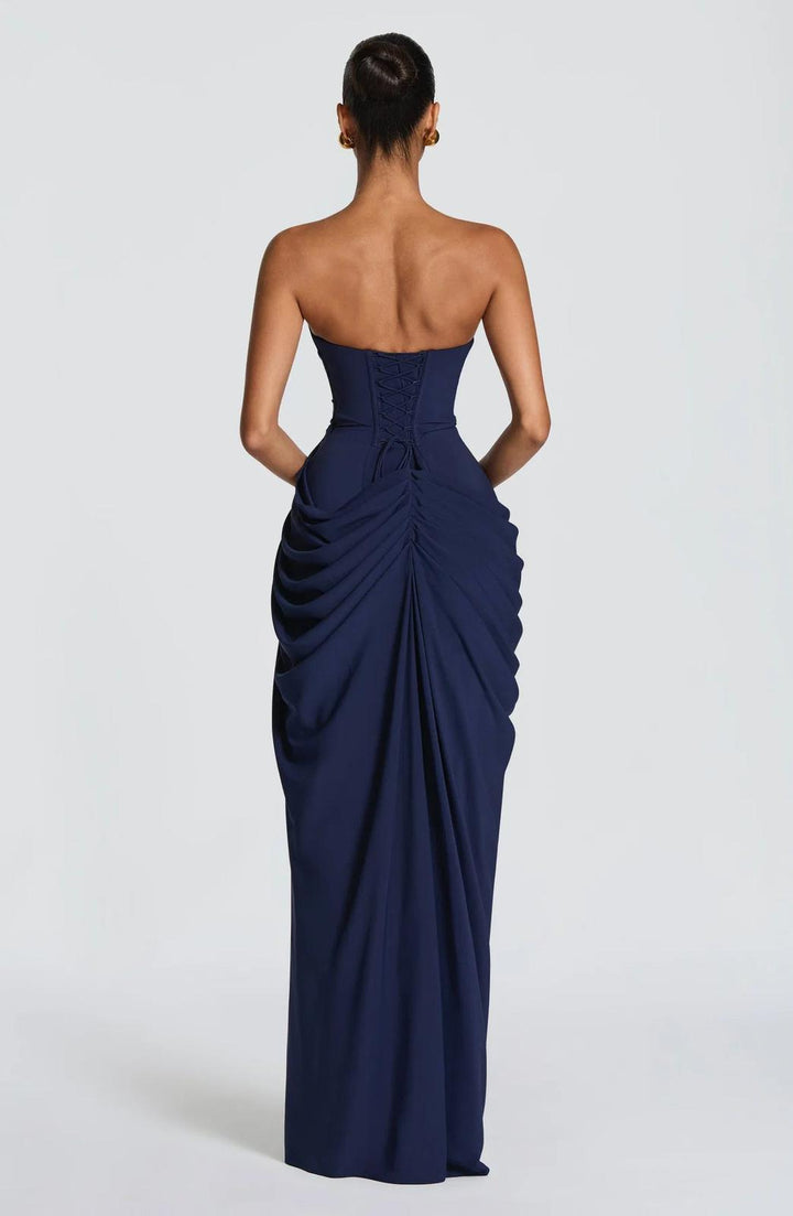 Aurelia Draped Maxi Dress in Navy side detail - Maeve &amp; Erin Dublin
