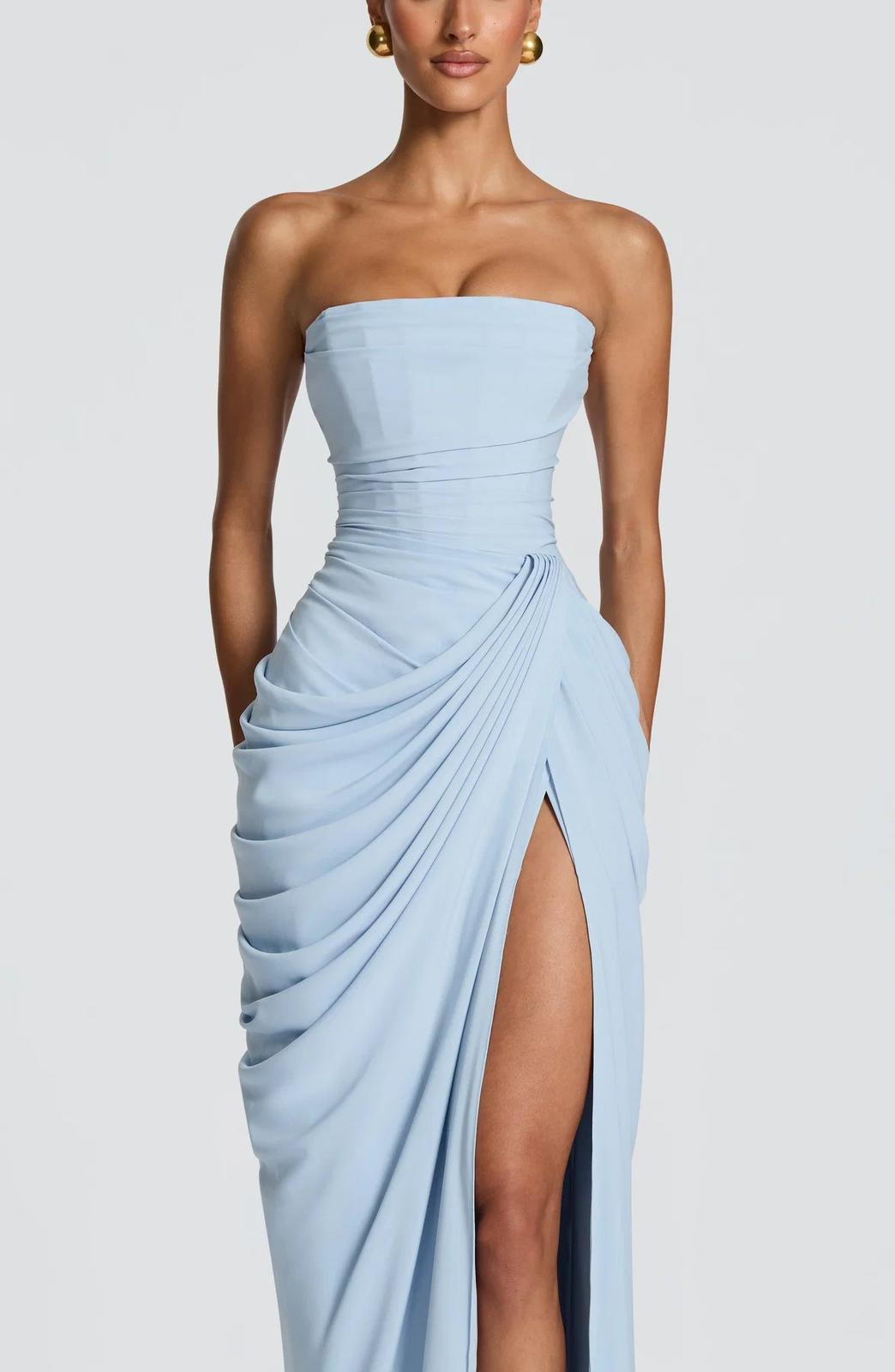 Aurelia Draped Maxi Dress in Light Blue full length - Maeve & Erin Dublin