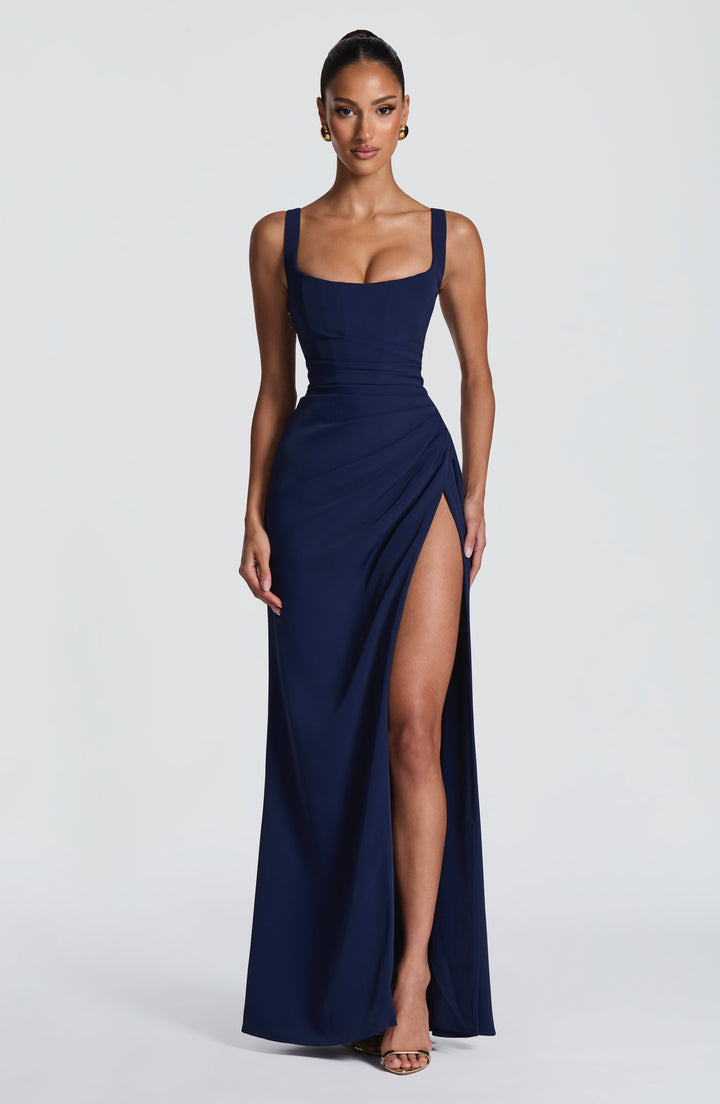 Nerina Corset Maxi Dress in Navy back detail - Maeve &amp; Erin Dublin