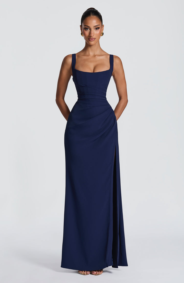 Nerina Corset Maxi Dress in Navy full length - Maeve &amp; Erin Dublin