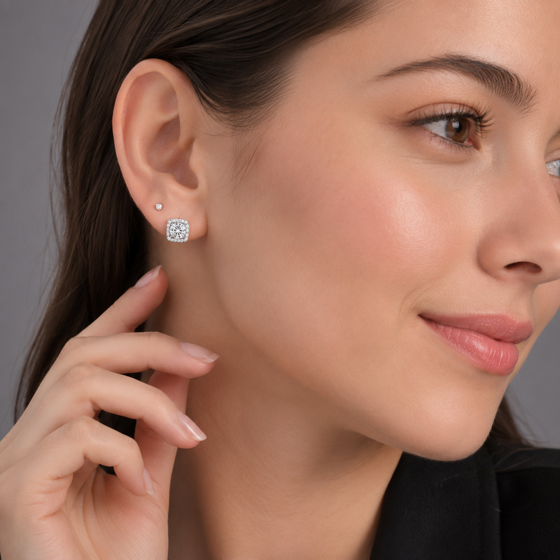Nadine square earrings in white gold worn by model